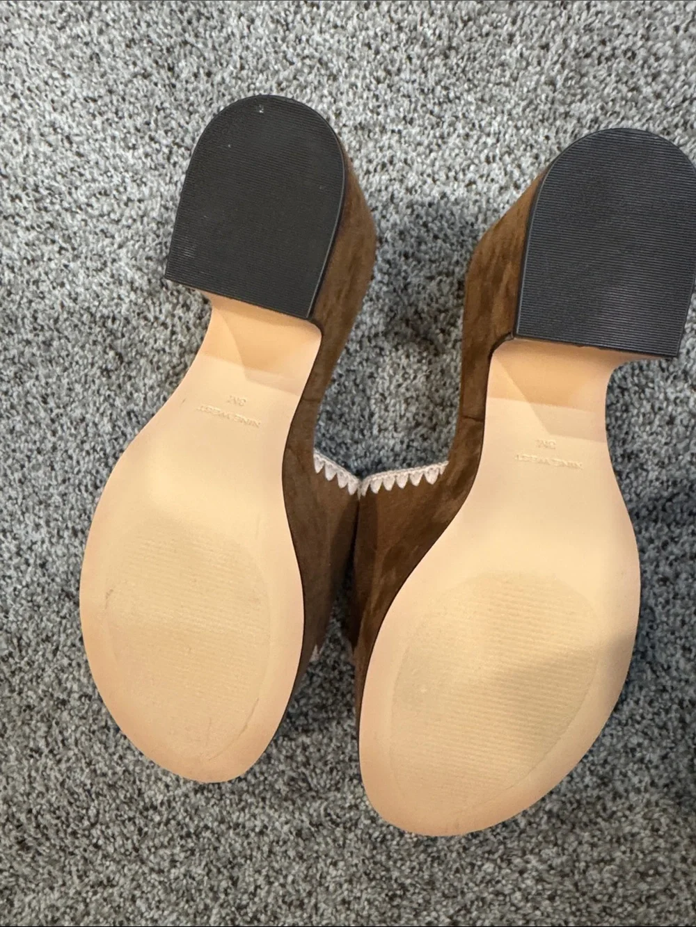Nine West Brown Suede Platform Mules with Cream Scallop Trim